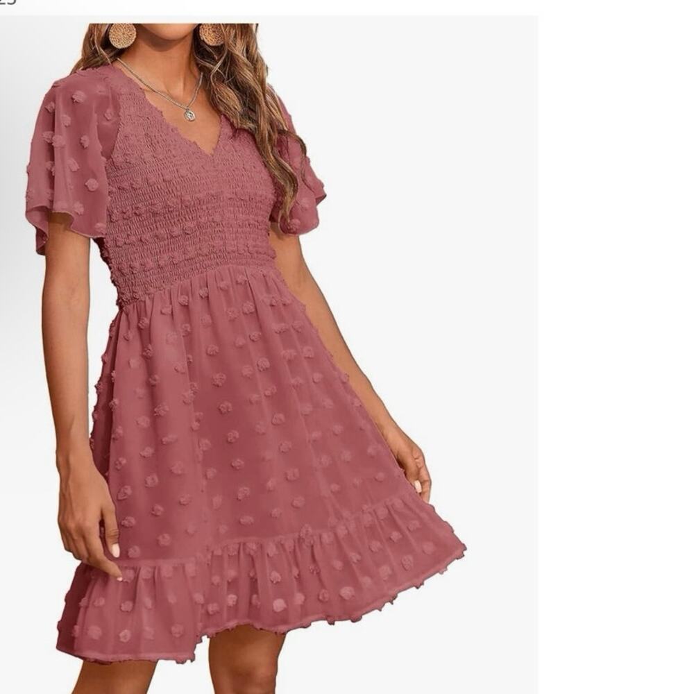 NWT BTFBM Smocked Swiss dot puff sleeve dress sz medium - Picture 1 of 4